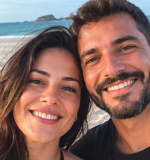 Casal sorrindo à beira da piscina